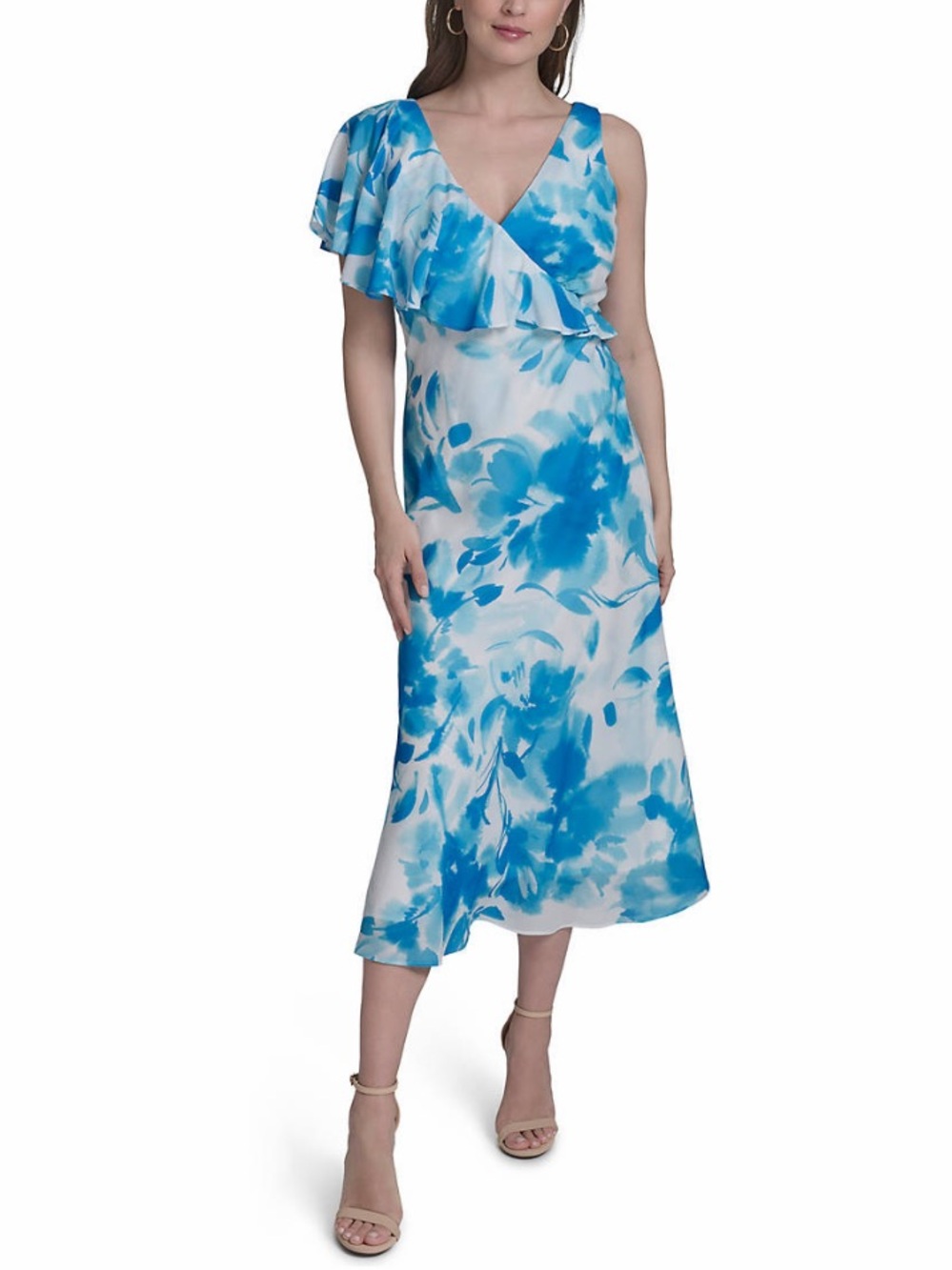 H by Halston Blue and White One-Shoulder Floral Midi Dress Size 2 BNWT